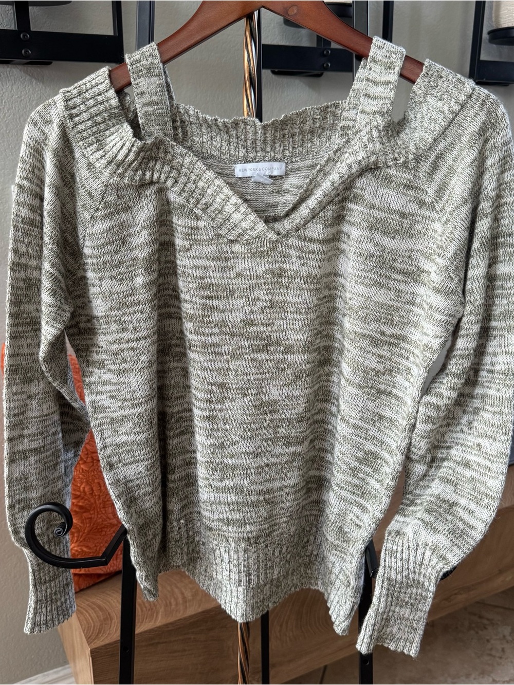 New York & Company Marled Off-the-Shoulder Strap Sweater in Oatmeal